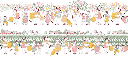 Seamless pattern illustration of Korean villagers enjoying traditional festival Chuseok in autumn....