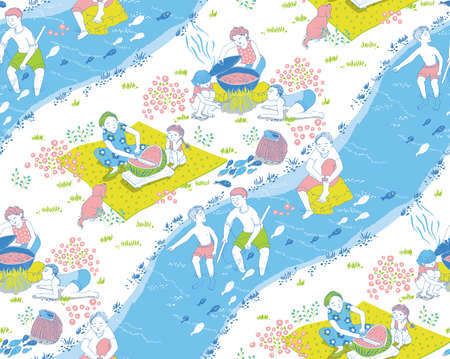 Vector seamless illustration for families enjoying water play by catching fish in a stream in summer. The modern design of Korea. Design for fabric, web design, print project, and lappingのイラスト素材