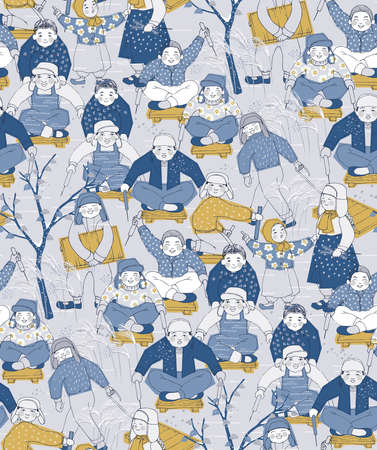 Vector seamless pattern of children sliding in winter. The modern design of Korea. Design for Poster, card, picture frame, fabric, web design and print projectのイラスト素材