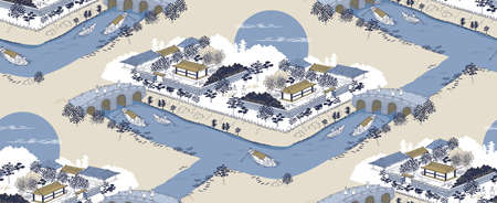 Vector seamless background illustration of the landscape of an old Korean village by a river with a stone bridge and small boats.のイラスト素材