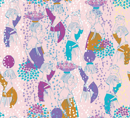 Vector seamless pattern of Korean beautiful girls in Korean dress. The modern design of Korea. Design for fabric, web design, print project, and lappingのイラスト素材