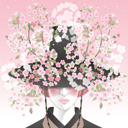 Vector illustration of a woman wearing a Gat, Korea traditional hat decorated with cherry blossom flowers. Design for banner, poster, card, invitation and scrapbookのイラスト素材