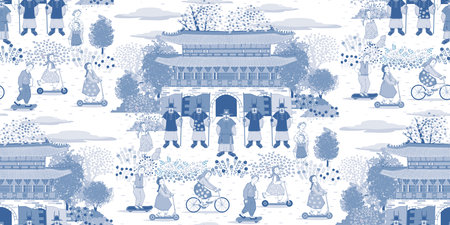 Seamless pattern illustration. The daily scenery in front of the royal palace, a historical heritage located in the middle of the Korean cityのイラスト素材