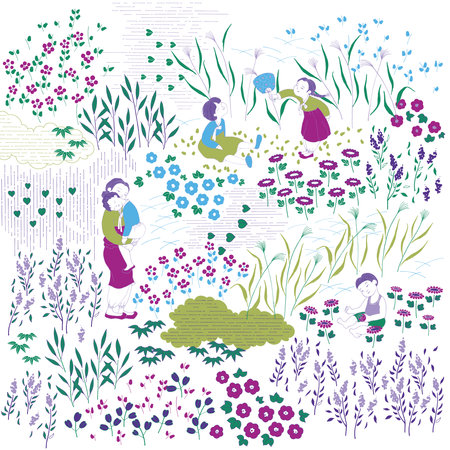 Vector illustration of people enjoying a picnic. Retro-style illustration of Korea and Koreans.のイラスト素材