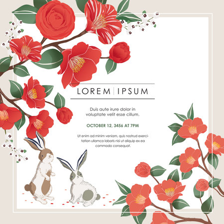 Vector illustration of rabbits under camellia trees. The year of the rabbit. New Year's Illustration. Design for invitation card, poster, brochure, web design and print projectのイラスト素材
