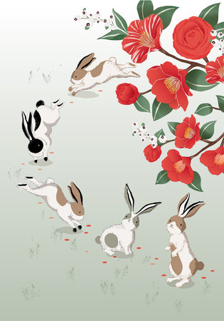 Vector illustration of rabbits under camellia trees. The year of the rabbit. New Year's Illustration. Design for invitation card, poster, brochure, web design and print projectのイラスト素材
