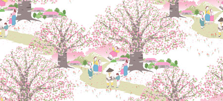 Vector illustration of children swinging under a cherry tree in spring. People in the neighborhood are also depicted watching the flowers.のイラスト素材