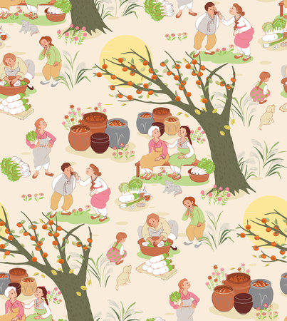 Seamless Vector Illustration of Kimchi-Making Day: Heartwarming Illustration of Families and Village Folk Coming Together to Make Kimchi.のイラスト素材