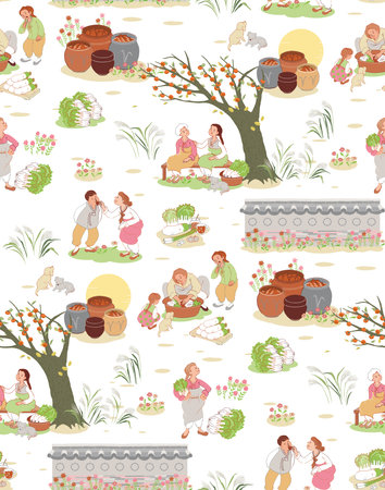 Seamless Vector Illustration of Kimchi-Making Day: Heartwarming Illustration of Families and Village Folk Coming Together to Make Kimchi.のイラスト素材