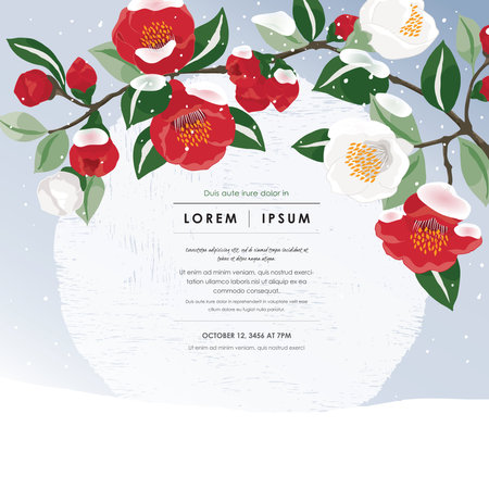 Vector Illustration of Floral Frame with Snowfall on Fully Bloomed Camellia Branchesのイラスト素材