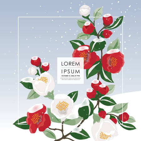 Vector Illustration of Floral Frame with Snowfall on Fully Bloomed Camellia Branchesのイラスト素材