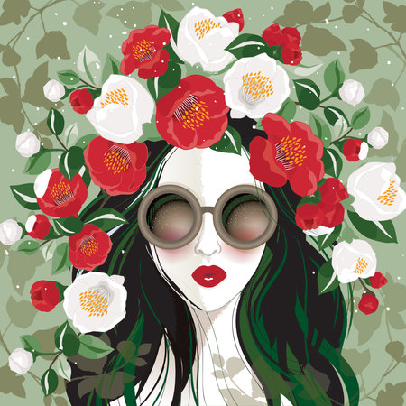 Vector illustration of a girl wearing sunglasses and decorating the hair with Camellia Branches. Design for invitation card, picture frame, poster, scrapbookのイラスト素材