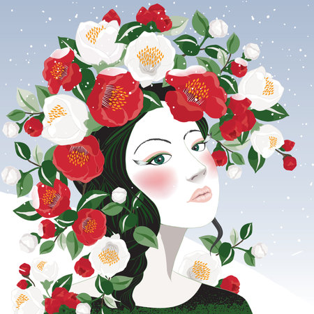 Vector illustration of a woman decorating her black hair with Camellia flowers in red and white. Design for invitation card, picture frame, poster, scrapbookのイラスト素材