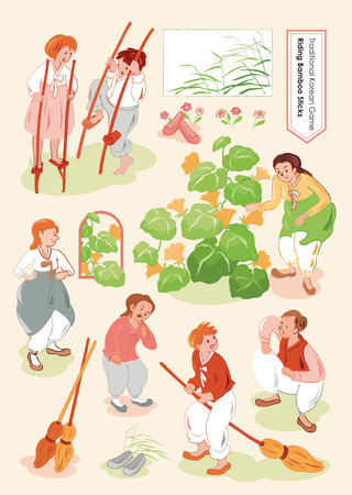 Korean Play and Leisure. Vector Illustration of a Traditional Korean Game Riding Bamboo Sticks. Sticker Collection Set.のイラスト素材