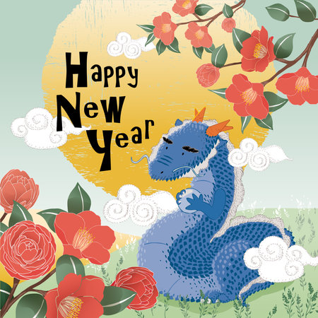 Happy new year card with cute dragon and flowers. Vector illustration.のイラスト素材
