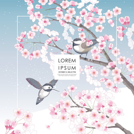 Vector editorial design frame of Korean spring scenery with cherry trees in full bloom. Design for social media, party invitation, Frame Clip Art and Business Advertisementのイラスト素材