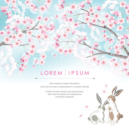 A vector editorial template design featuring a spring scenery with cherry blossoms and rabbitsのイラスト素材
