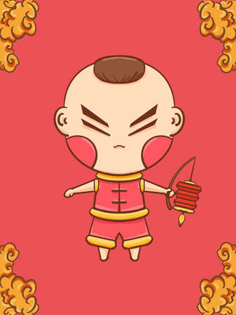 Hand drawn cartoon chinese new year painting fuwa boy illustration designのイラスト素材