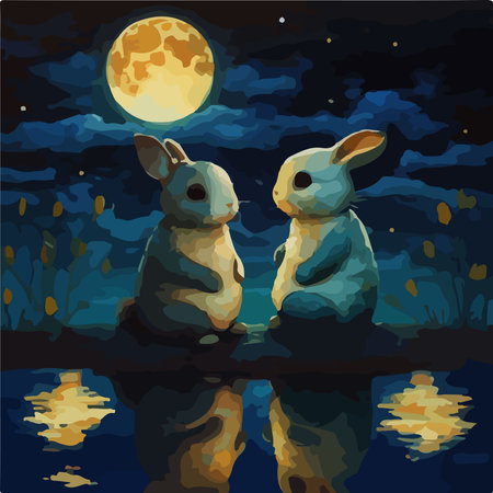 Illustration of a pair of bunnies in the moonlightの素材