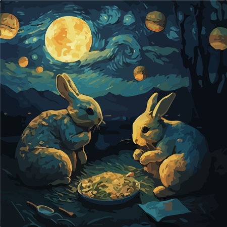Rabbits in the forest at night with full moon. Vector illustration.の素材