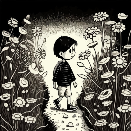 Vector illustration of a boy in a field of daisies.の素材