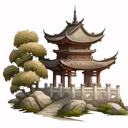 Ancient pagoda in the forest. Vector illustration isolated on white background.の素材