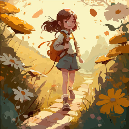 Vector illustration of a girl with a backpack walking along the path in the field.の素材