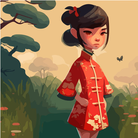 Chinese girl in traditional clothes in the forest. Vector illustration for your designの素材