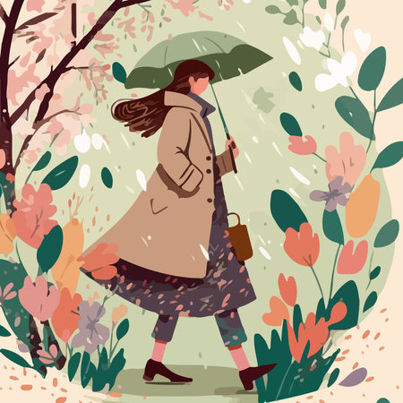 Vector illustration of a young woman walking in the park with umbrella.の素材