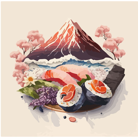Illustration of Japanese cuisine. Sushi on a plate with a view of Mount Fuji.の素材