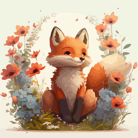 Vector illustration of a cute fox sitting in a field of flowers.の素材