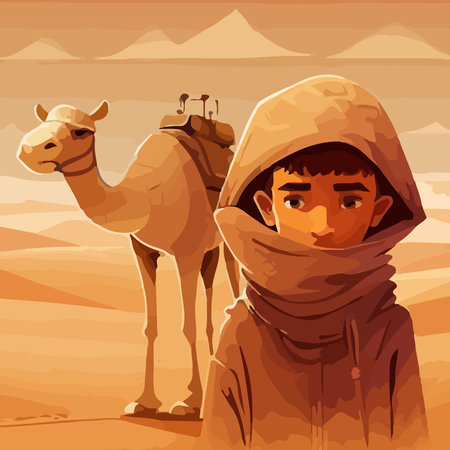 Camel boy in the desert. Vector illustration in a cartoon styleの素材