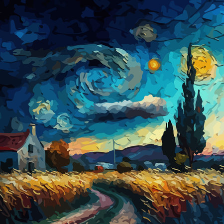 Night landscape with moon, sun, clouds, forest and houses.の素材