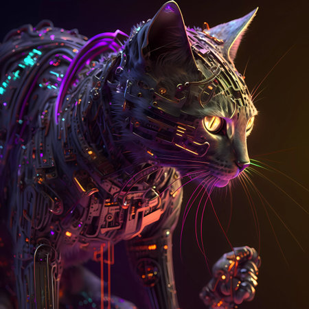 3D Illustration of a Futuristic Cat, Sci-Fi Animalの素材