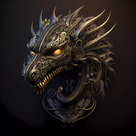 Dragon head with golden ornament on a dark background. 3d illustrationの素材