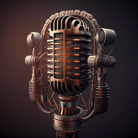 Retro microphone on a dark background. 3d render illustration.の素材