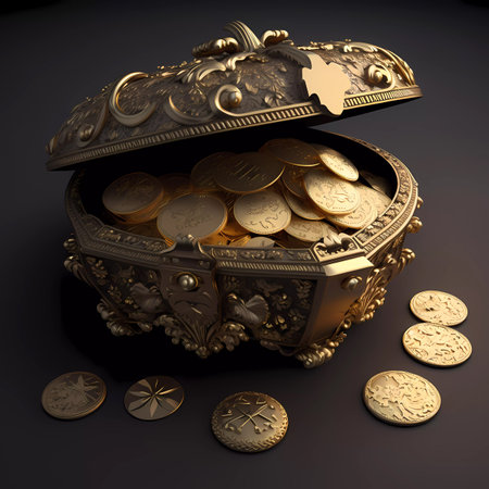 treasure chest with gold coins, 3d illustration, dark backgroundの素材