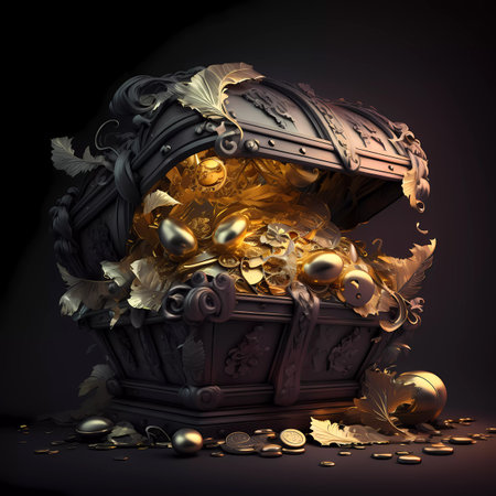 Treasure chest full of gold coins and gold coins, 3d illustrationの素材