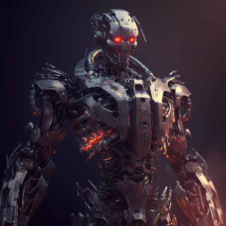 3D rendering of a male cyborg robot isolated on black backgroundの素材
