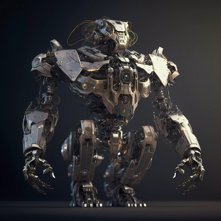 3D rendering of a robot on a dark background with copy spaceの素材