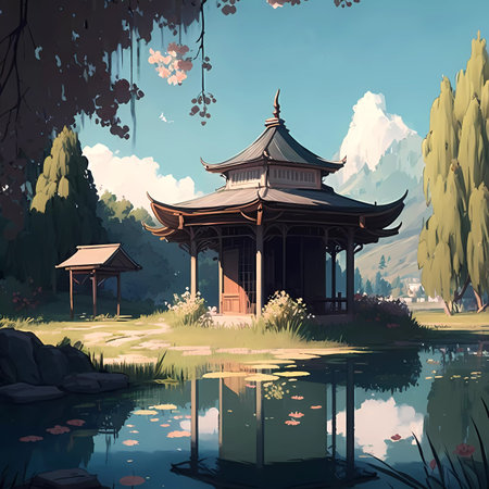 Wooden pavilion in the park with pond, vector illustration.の素材