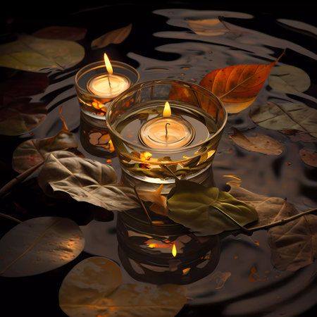 Burning candles in water with autumn leaves on black background, 3d illustrationの素材