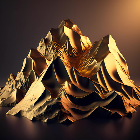 Gold mountains on a dark background. 3d rendering, 3d illustration.の素材