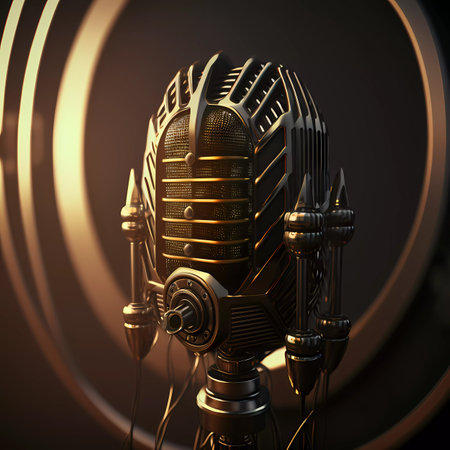 3d rendering of a vintage microphone in a dark studio background.の素材