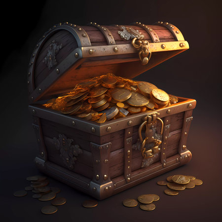 Treasure chest full of gold coins. 3d render illustration.の素材