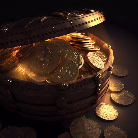 Treasure chest full of gold coins on a dark background. 3d illustrationの素材