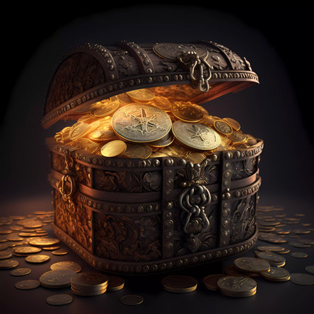 Treasure chest full of gold coins, 3d render, dark backgroundの素材