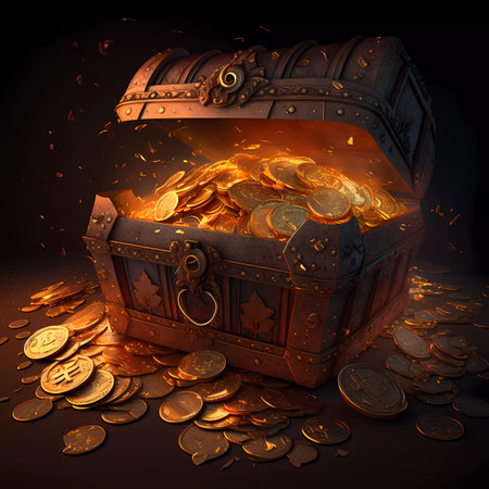 Treasure chest full of gold coins. 3D illustration. Treasure concept.の素材