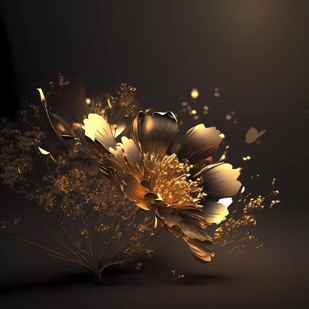 3d illustration of golden peony flowers with golden petals on black backgroundの素材