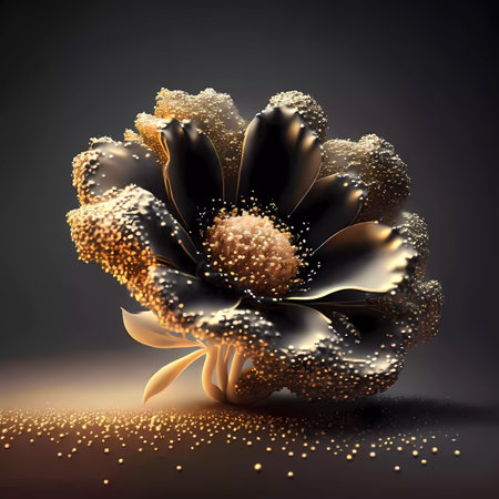 3d render, black flower with golden petals on dark backgroundの素材